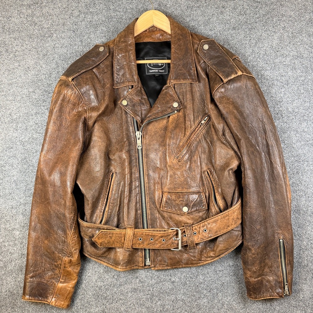 Vintage Tannery West Leather Motorcycle Jacket Mens M Brown Patina Biker 80s 90s